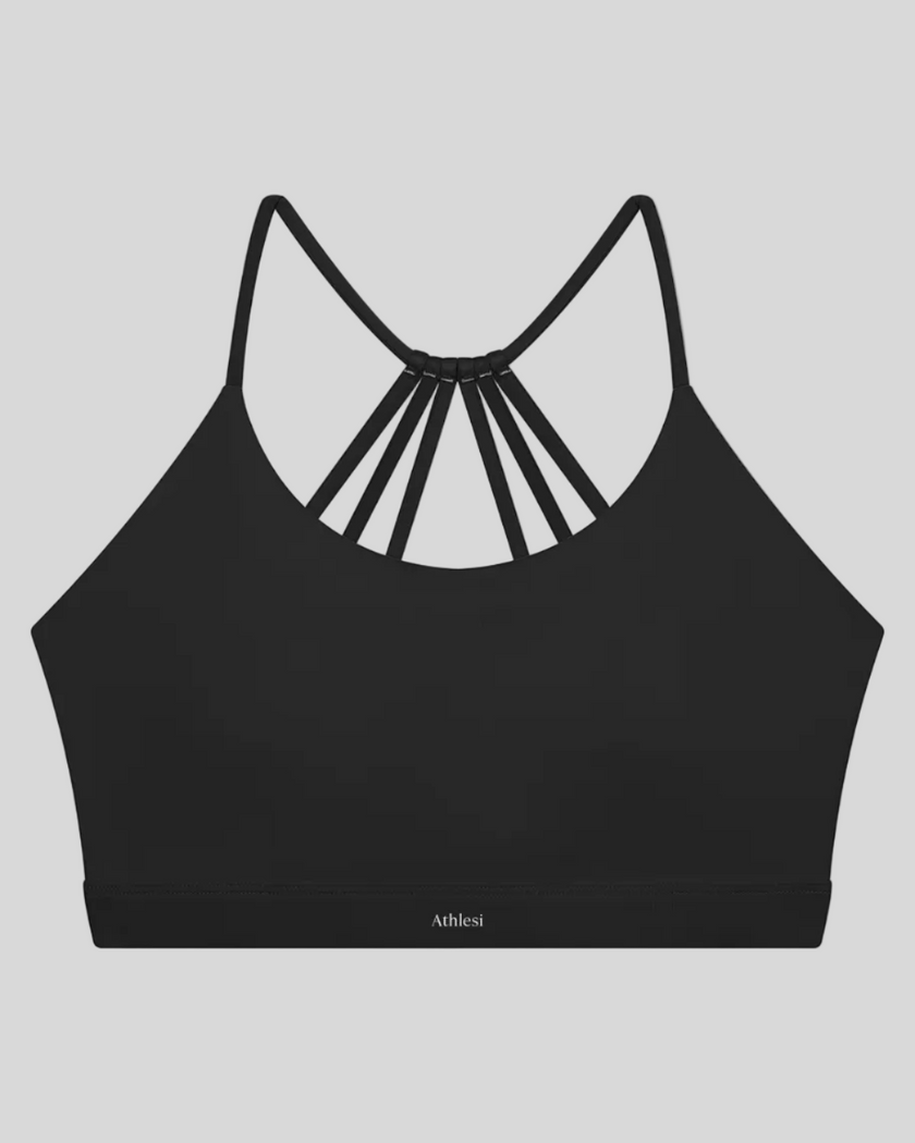 TrackLine Synergy Strappy Sports Bra in Black, flat lay front view