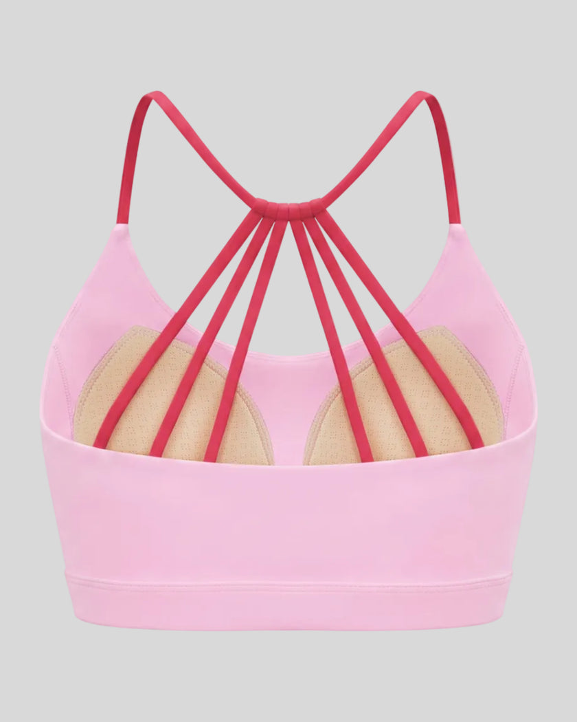 TrackLine Synergy Strappy Sports Bra in Pink with Rose Red, 3D back view