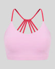 TrackLine Synergy Strappy Sports Bra in Pink with Rose Red, 3D front view