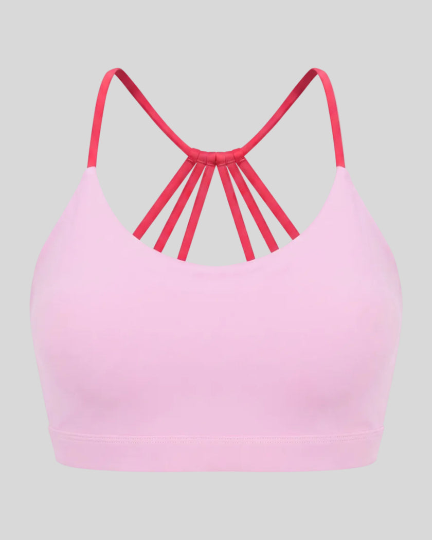 TrackLine Synergy Strappy Sports Bra in Pink with Rose Red, 3D front view
