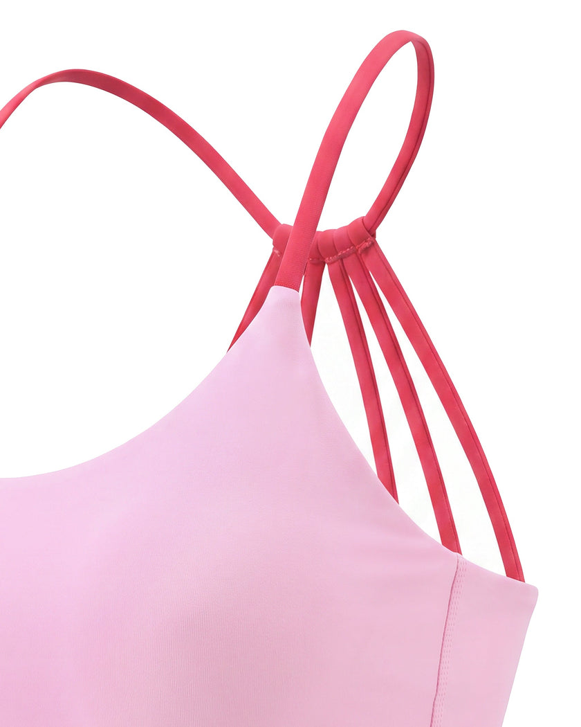 TrackLine Synergy Strappy Sports Bra in Pink with Rose Red, angled front detail