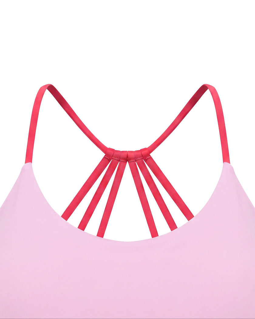TrackLine Synergy Strappy Sports Bra in Pink with Rose Red, close-up of U-neck front