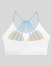 TrackLine Synergy Strappy Sports Bra in White with Sky Blue, flat lay back view showing multi-strap design