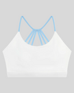 TrackLine Synergy Strappy Sports Bra in White with Sky Blue, flat lay front view
