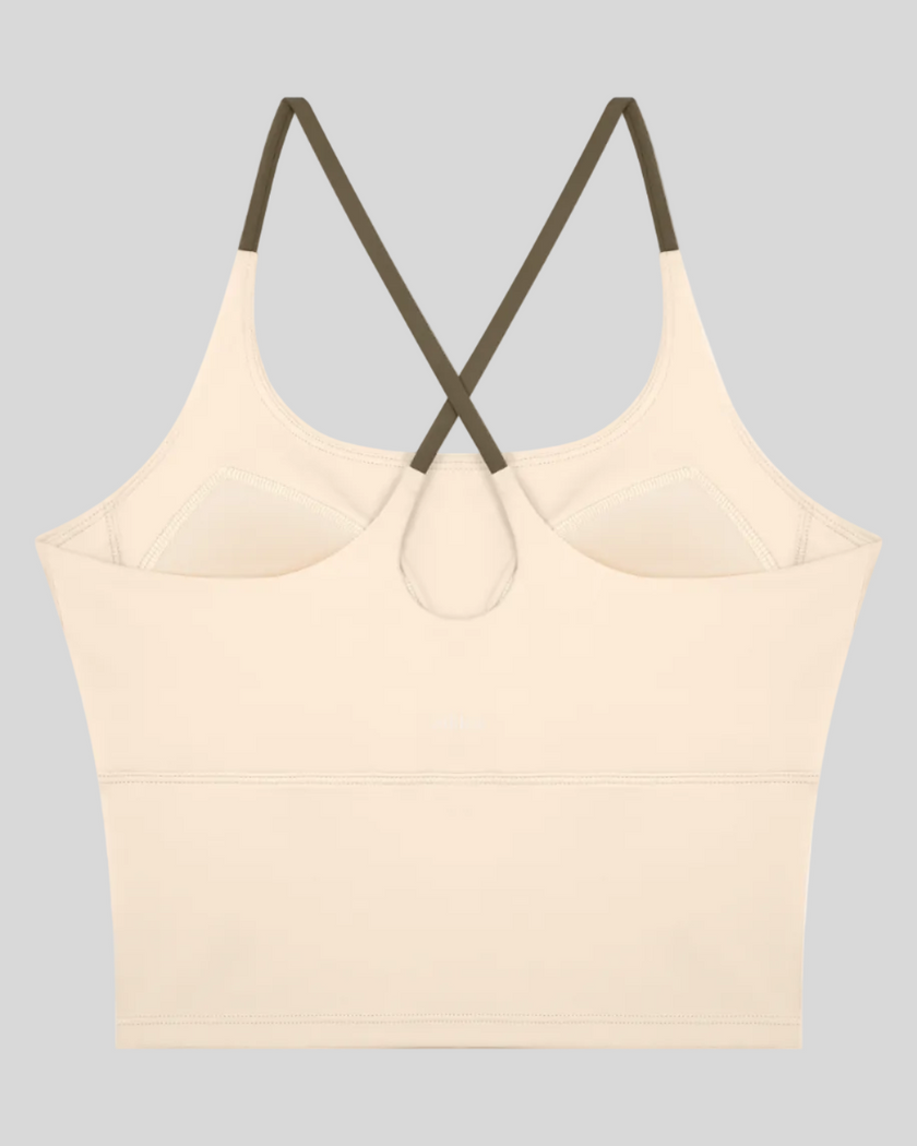 TrackLine Synergy Tank Top in Apricot with Khaki crossover straps, back view