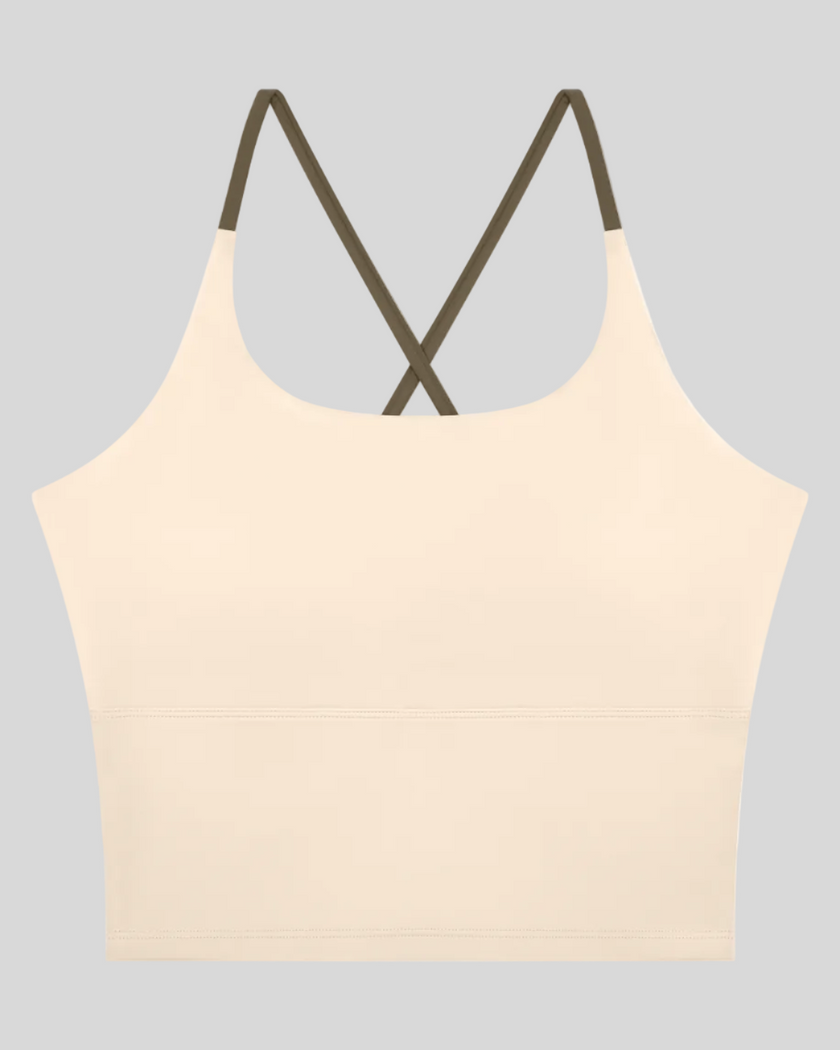 TrackLine Synergy Tank Top in Apricot with Khaki crossover straps, front view