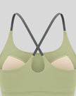 Close-up of Dark Gray crossover back straps on TrackLine Synergy Tank Top in Bean Green