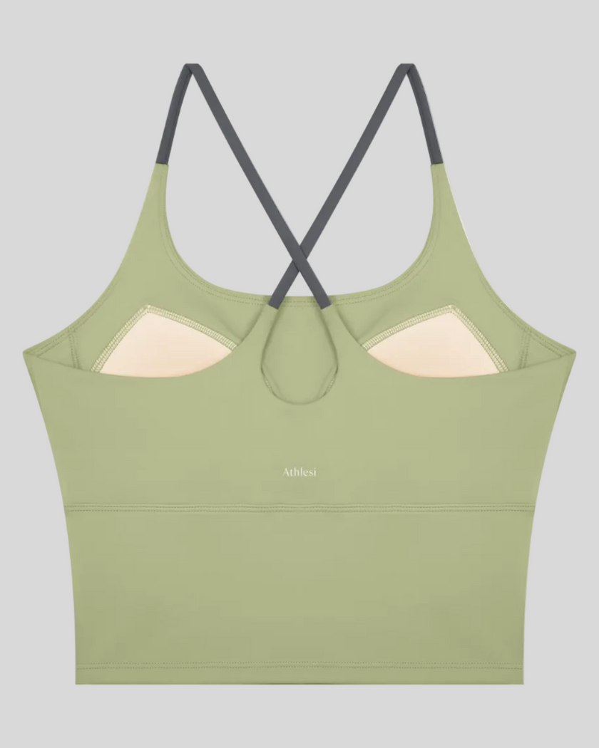 TrackLine Synergy Tank Top in Bean Green with Dark Gray crossover straps, back view