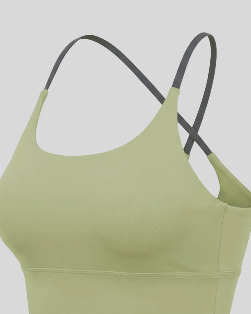 Angled close-up of TrackLine Synergy Tank Top in Bean Green with Dark Gray strap detail