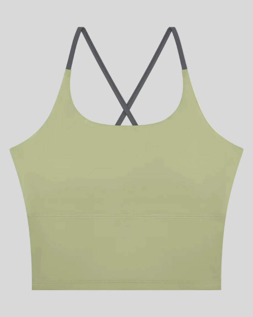 TrackLine Synergy Tank Top in Bean Green with Dark Gray crossover straps, front view