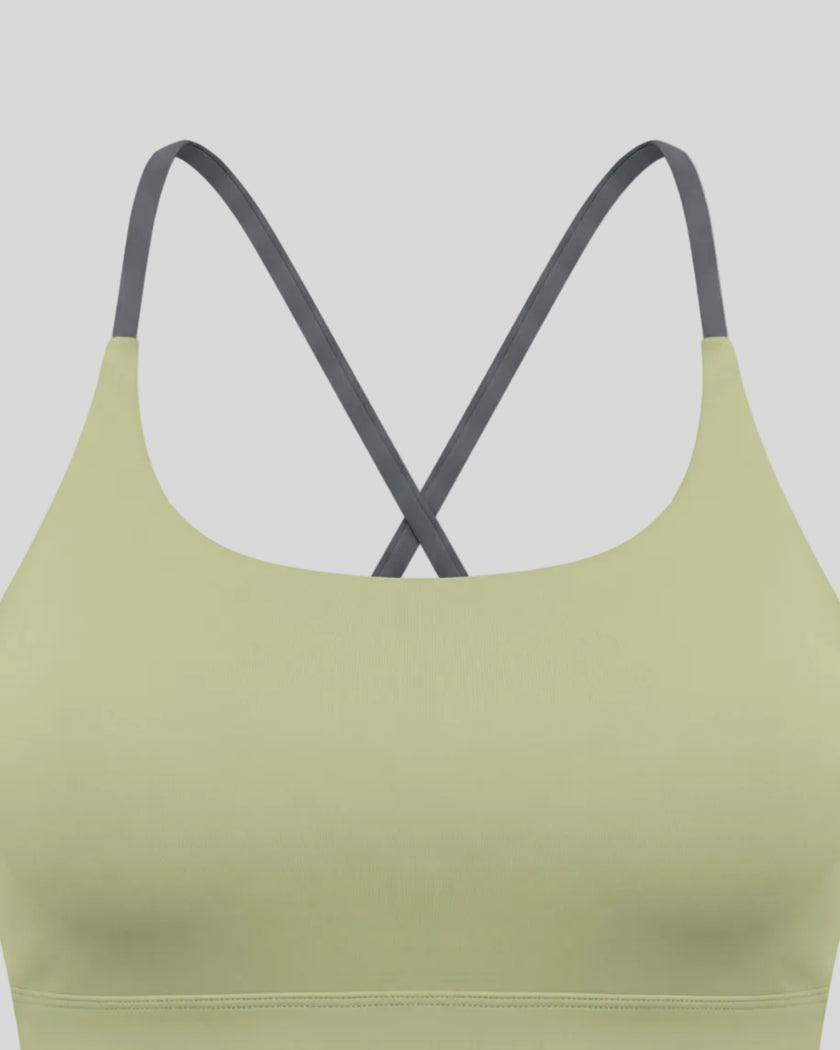 Close-up of U-neckline on TrackLine Synergy Tank Top in Bean Green