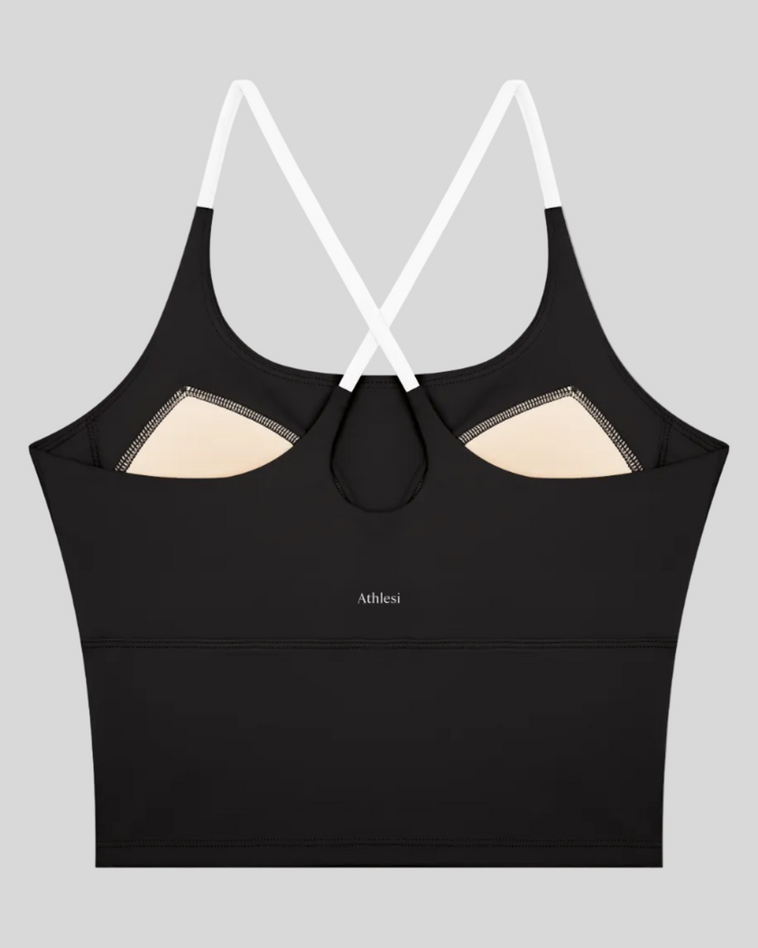 TrackLine Synergy Tank Top in Black with White crossover straps, back view