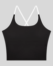 TrackLine Synergy Tank Top in Black with White crossover straps, front view