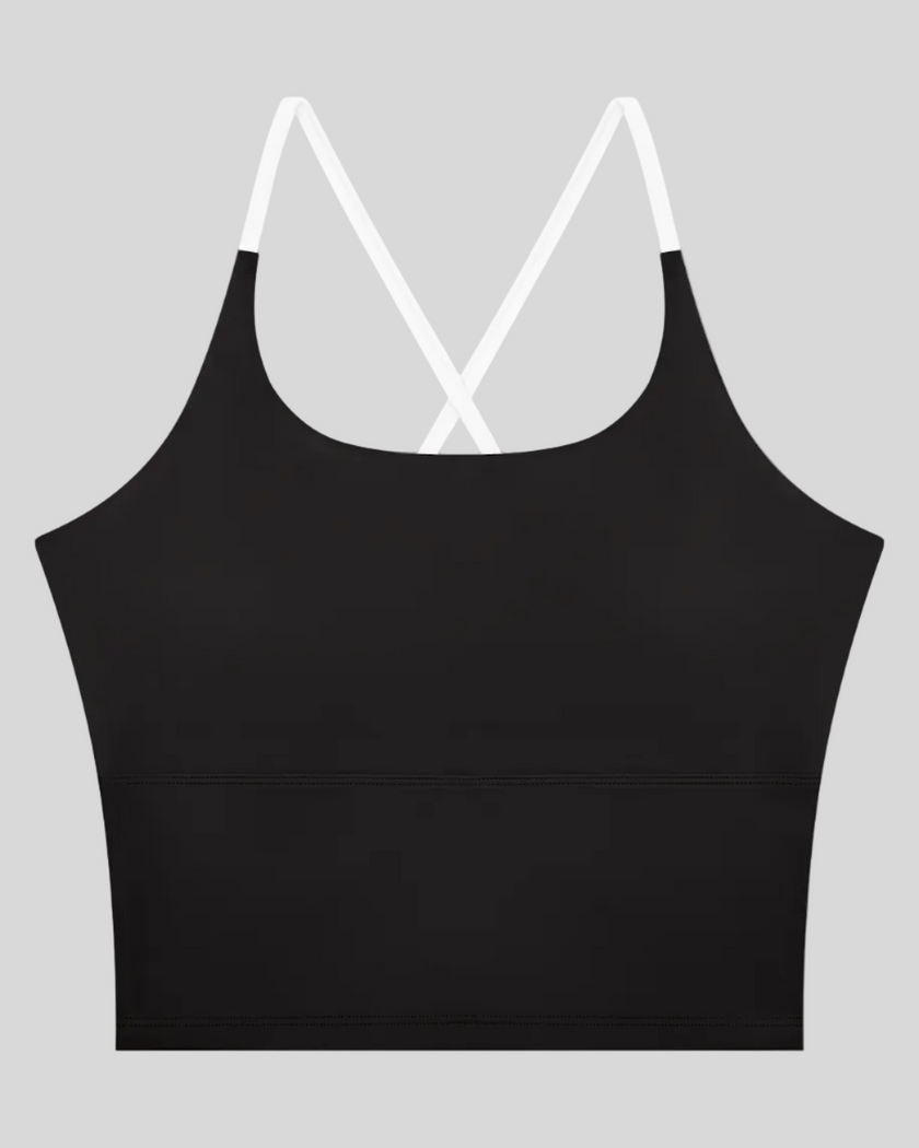 TrackLine Synergy Tank Top in Black with White crossover straps, front view