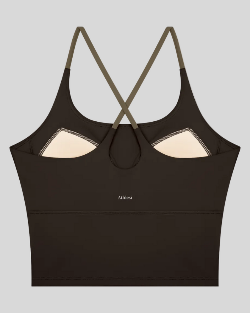 TrackLine Synergy Tank Top in Coffee with Khaki crossover straps, back view