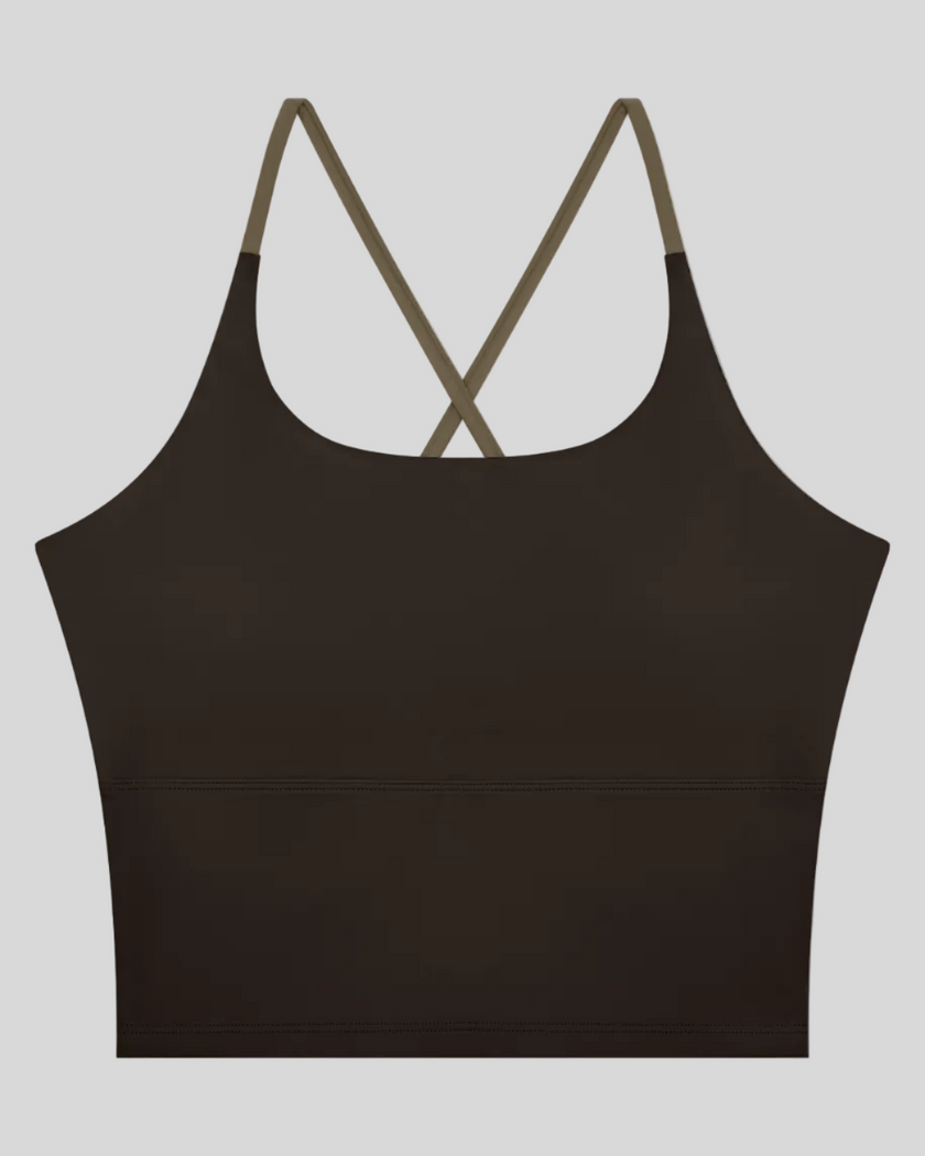TrackLine Synergy Tank Top in Coffee with Khaki crossover straps, front view