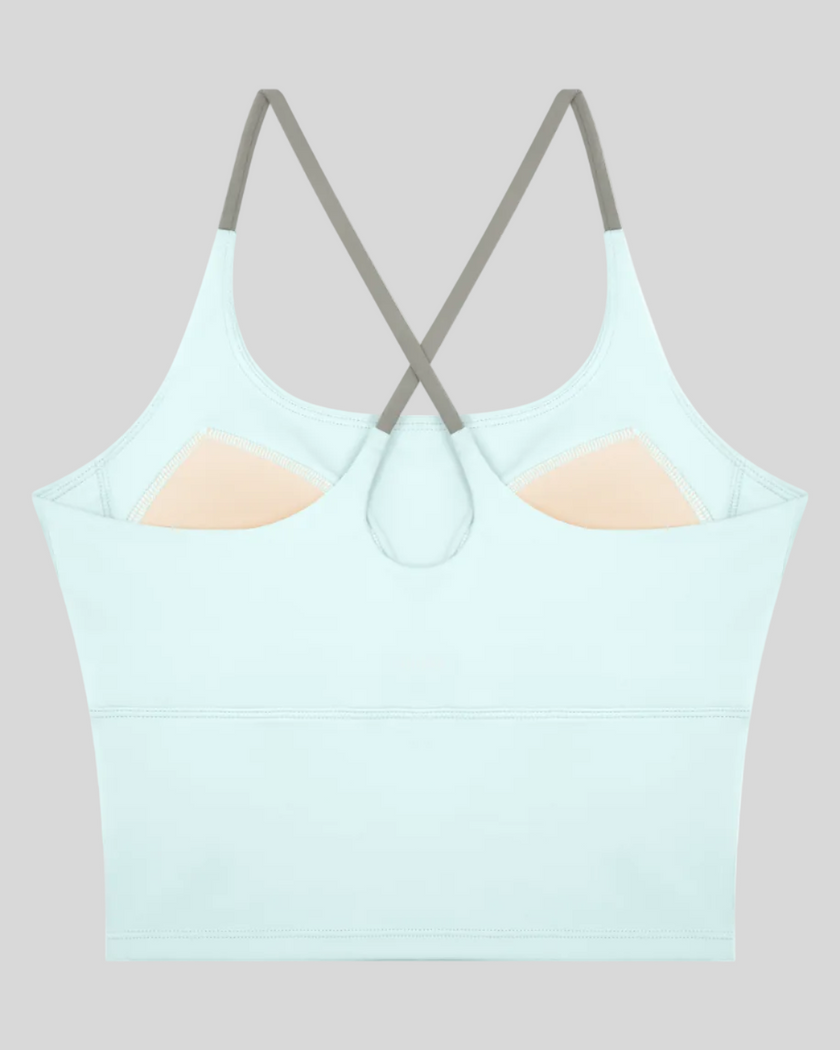 TrackLine Synergy Tank Top in Light Blue with Light Gray crossover straps, back view