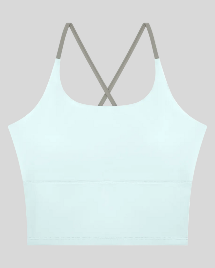 TrackLine Synergy Tank Top in Light Blue with Light Gray crossover straps, front view