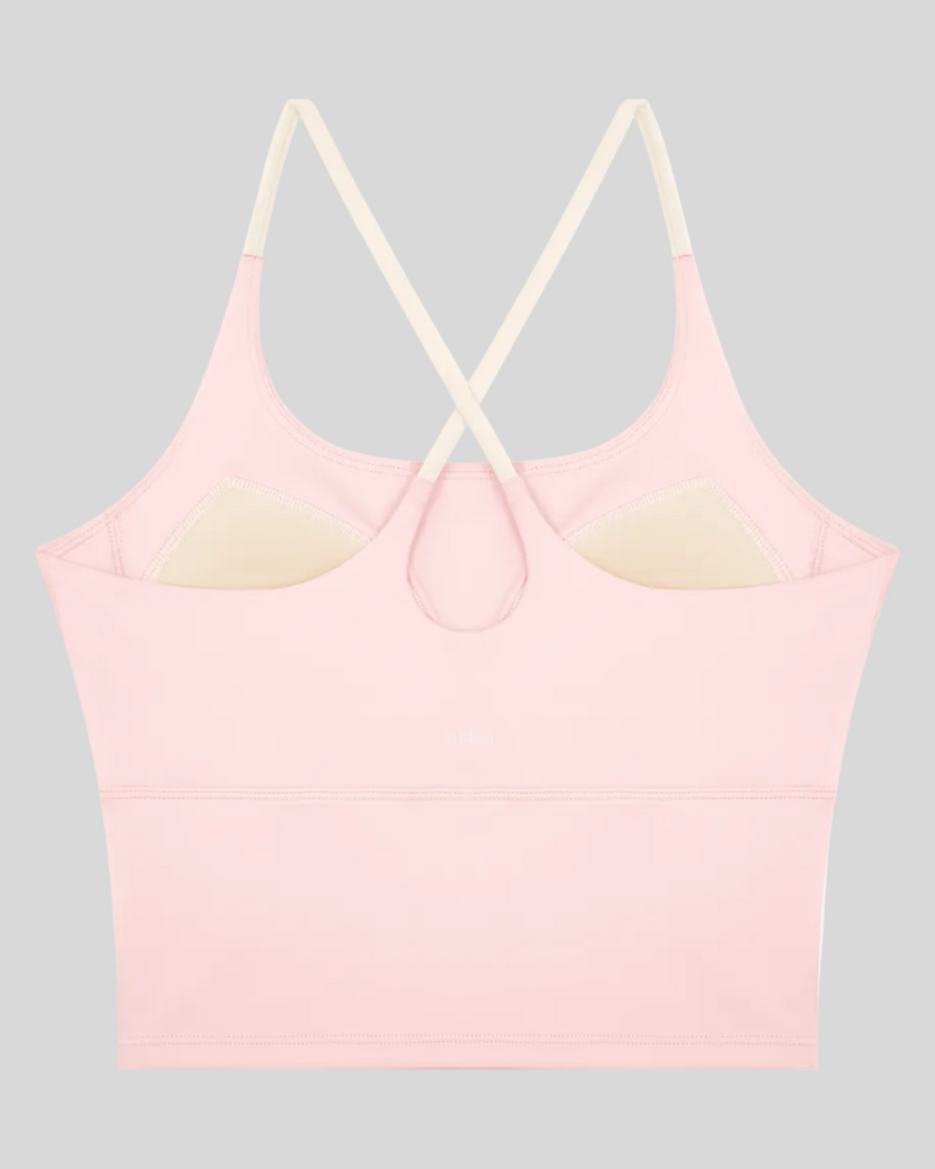 TrackLine Synergy Tank Top in Light Pink with Apricot crossover straps, back view