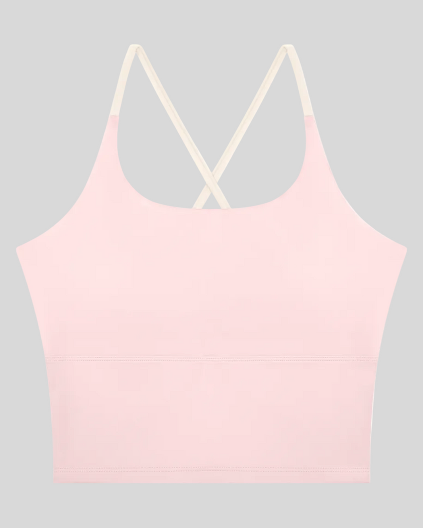 TrackLine Synergy Tank Top in Light Blue with Apricot crossover straps, front view