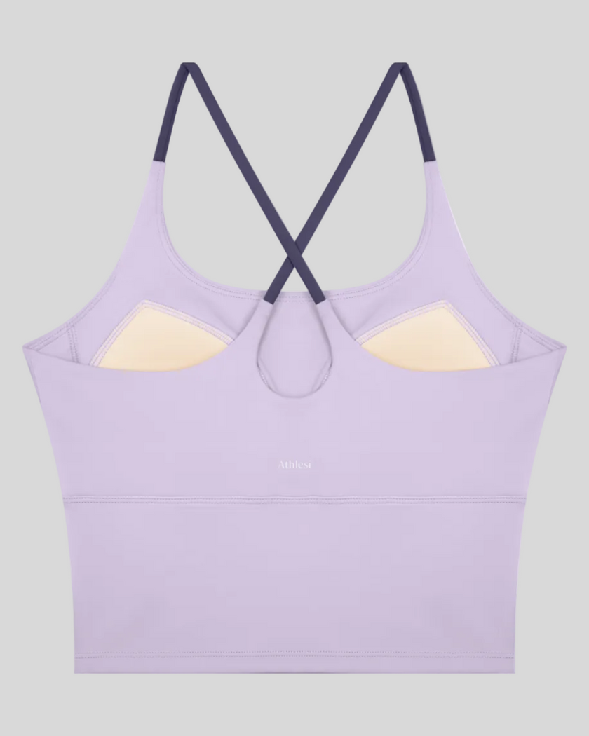 TrackLine Synergy Tank Top in Light Purple with Deep Purple crossover straps, back view