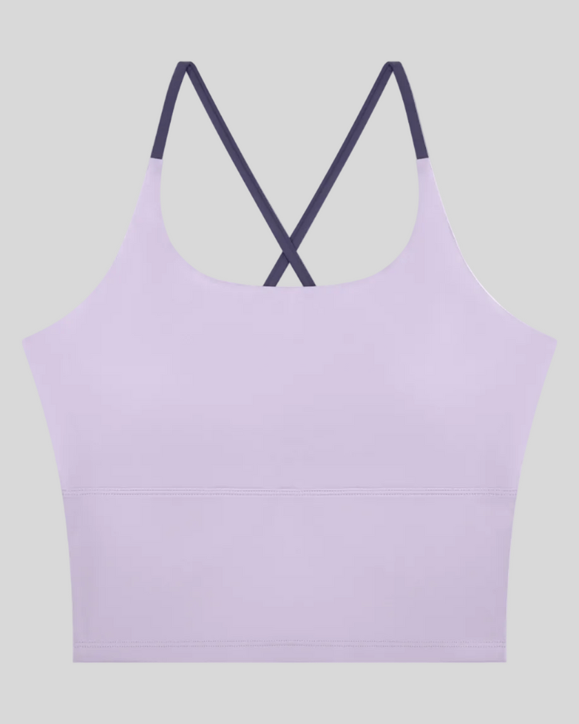 TrackLine Synergy Tank Top in Light Purple with Deep Purple crossover straps, front view