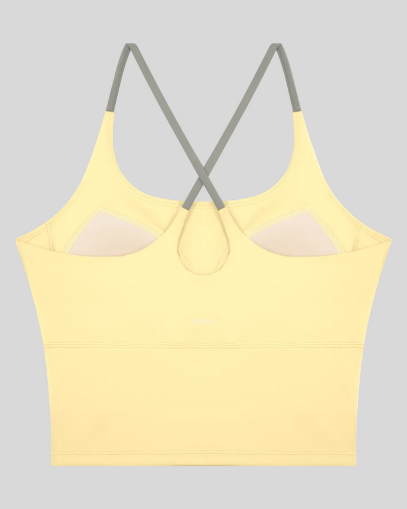TrackLine Synergy Tank Top in Light Yellow with Light Gray crossover straps, back view
