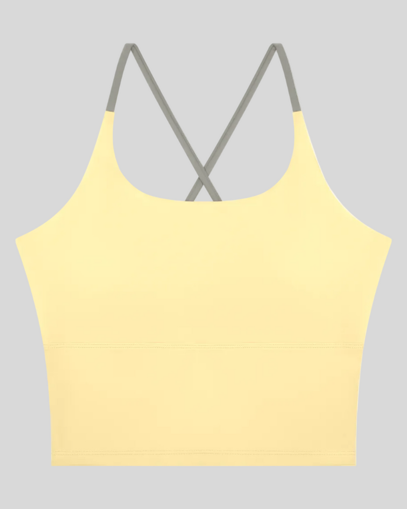 TrackLine Synergy Tank Top in Light Yellow with Light Gray crossover straps, front view