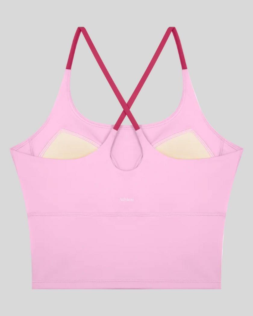 TrackLine Synergy Tank Top in Pink with Rose Red crossover straps, back view