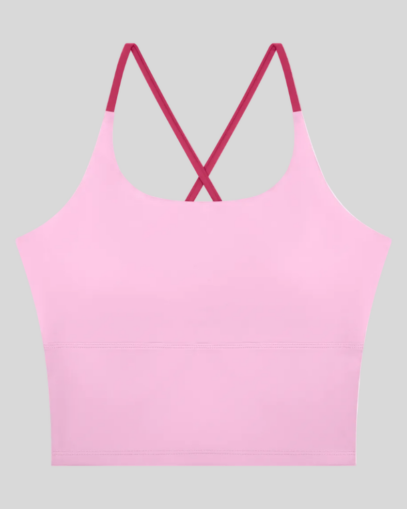TrackLine Synergy Tank Top in Pink with Rose Red crossover straps, front view
