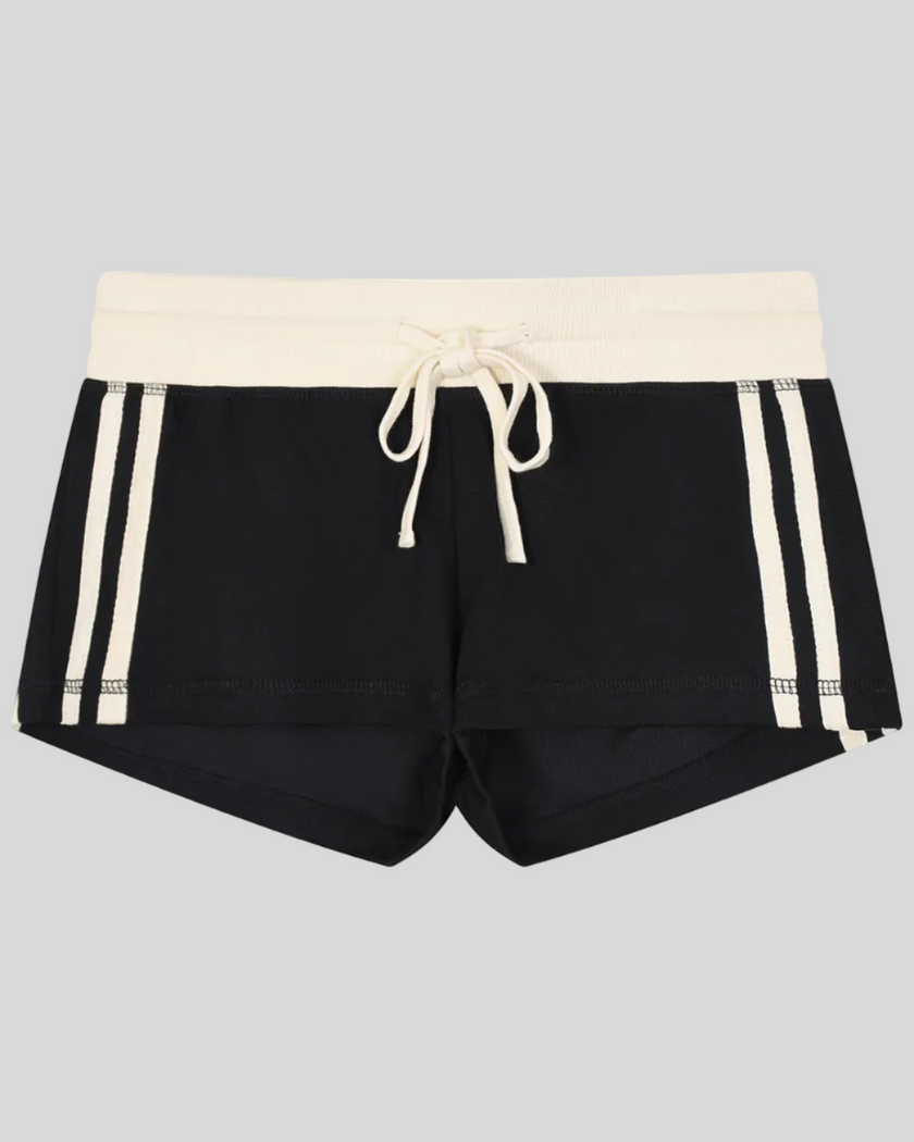 Athlesi TrackLine Track Shorts in black with contrast waistband and side stripe detailing shown in flatlay front view