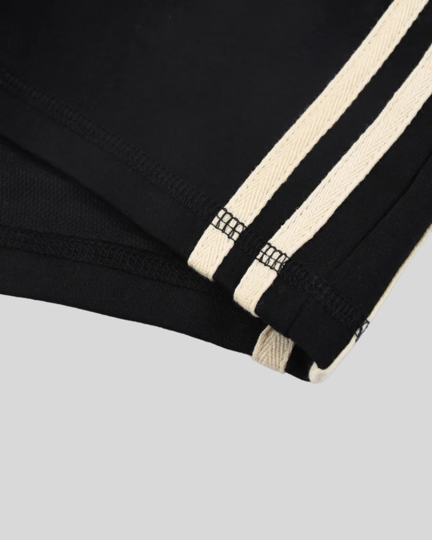 Hem and side stripe detail closeup of the Athlesi TrackLine Track Shorts in black