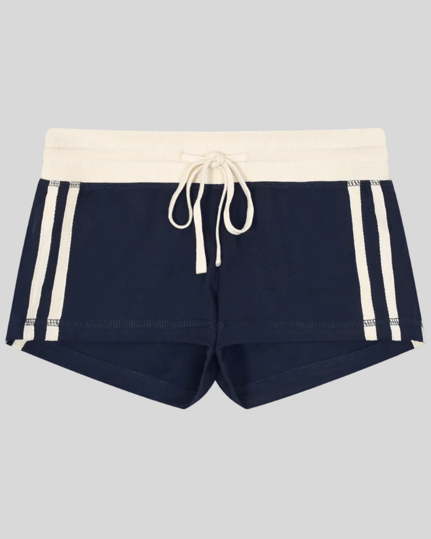 Athlesi TrackLine Track Shorts in blue with contrast waistband and side stripe detailing shown in flatlay front view