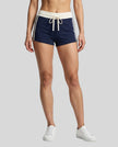 Lower body front view of a woman wearing the Athlesi TrackLine Track Shorts in blue