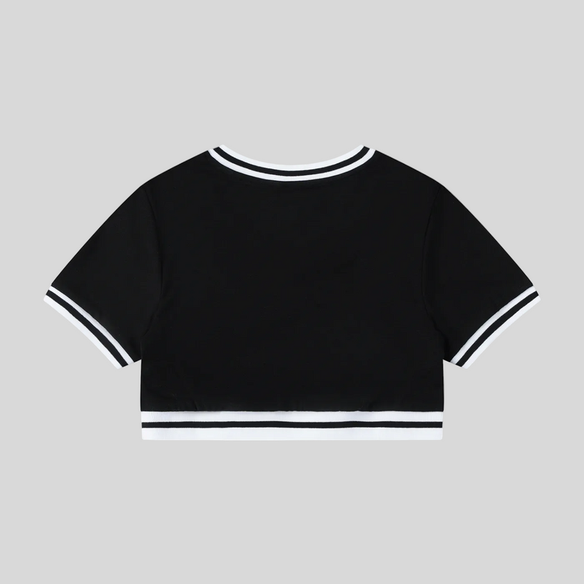 Back view flatlay of the Athlesi TrackLine V-Neck Crop Tee in black with contrast athletic trim detailing