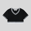 Athlesi TrackLine V-Neck Crop Tee in black with contrast striped trim shown in flatlay front view