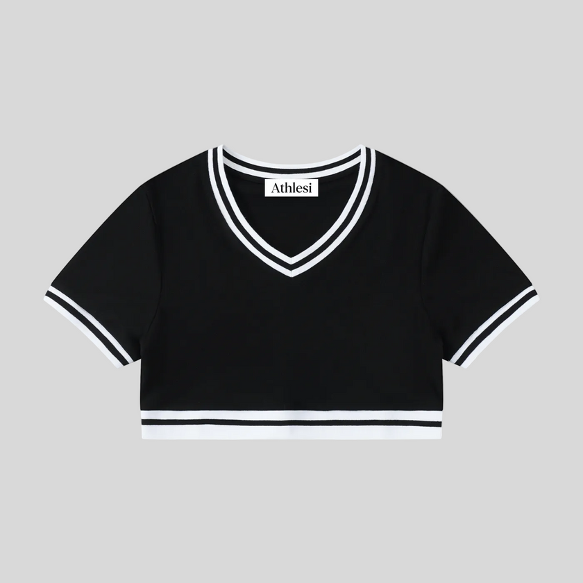 Athlesi TrackLine V-Neck Crop Tee in black with contrast striped trim shown in flatlay front view