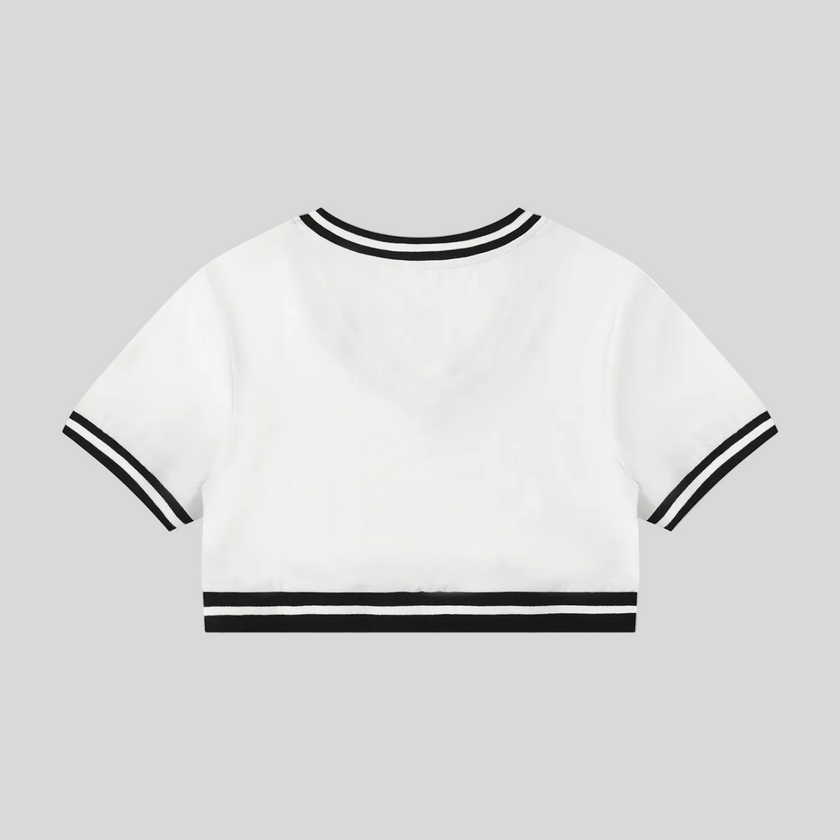 Back view flatlay of the Athlesi TrackLine V-Neck Crop Tee in white with contrast athletic trim detailing