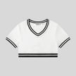 Athlesi TrackLine V-Neck Crop Tee in white with contrast striped trim shown in flatlay front view
