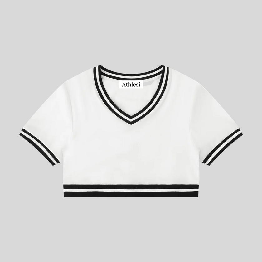 Athlesi TrackLine V-Neck Crop Tee in white with contrast striped trim shown in flatlay front view