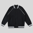 TrackLine Varsity Jacket in Black with striped rib trim and snap-button front