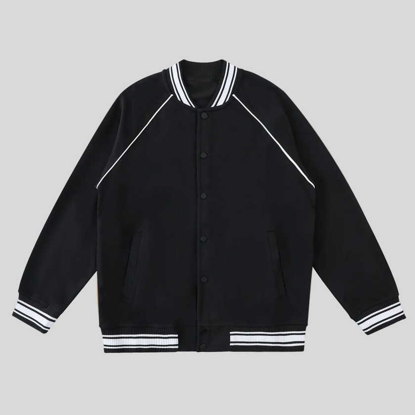 TrackLine Varsity Jacket in Black with striped rib trim and snap-button front