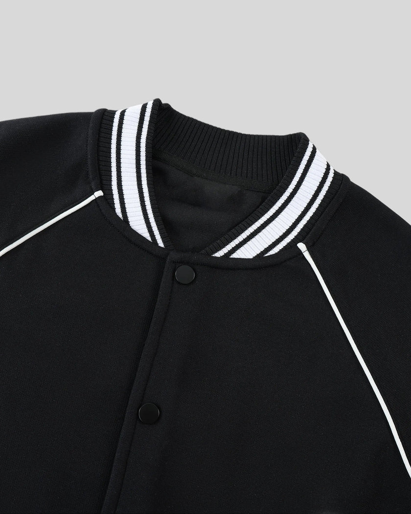 Striped varsity collar detail on the TrackLine Varsity Jacket in Black