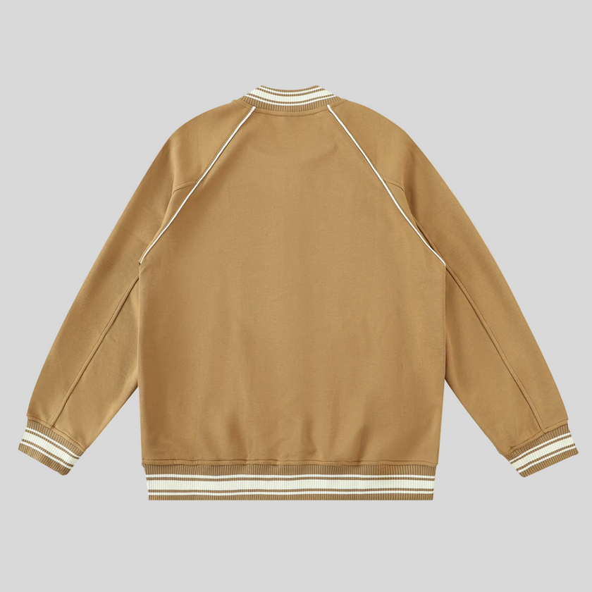 TrackLine Varsity Jacket in Khaki back view with raglan sleeve construction