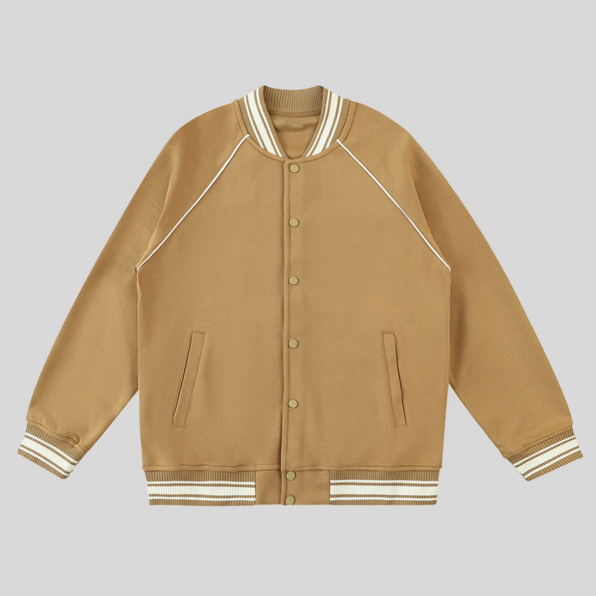 TrackLine Varsity Jacket in Khaki with striped rib trim and snap-button front