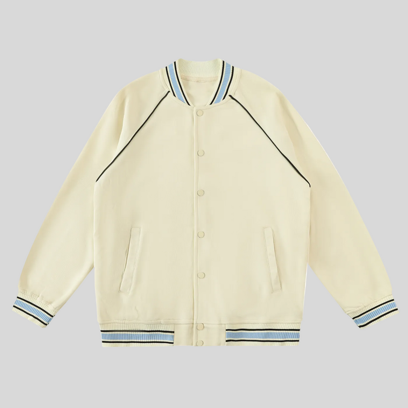 TrackLine Varsity Jacket in Mild Apricot with striped rib trim and snap-button front