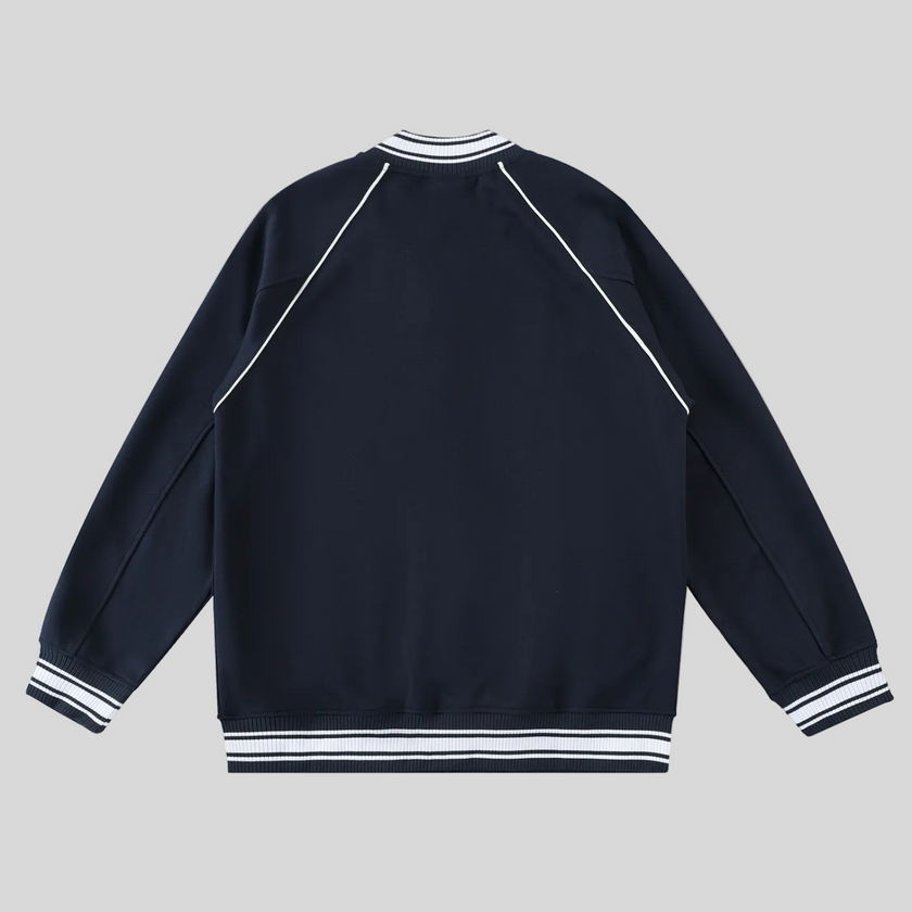 TrackLine Varsity Jacket in Navy Blue back view with raglan sleeve construction