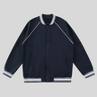 TrackLine Varsity Jacket in Navy Blue with striped rib trim and snap-button front
