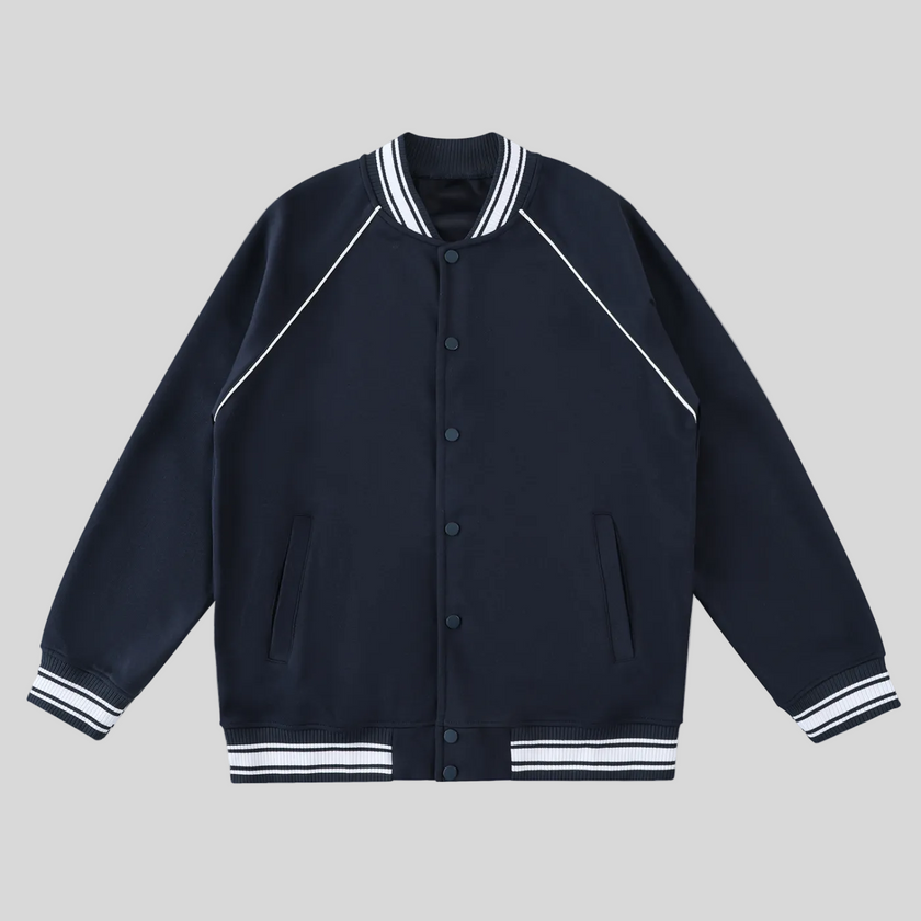 TrackLine Varsity Jacket in Navy Blue with striped rib trim and snap-button front