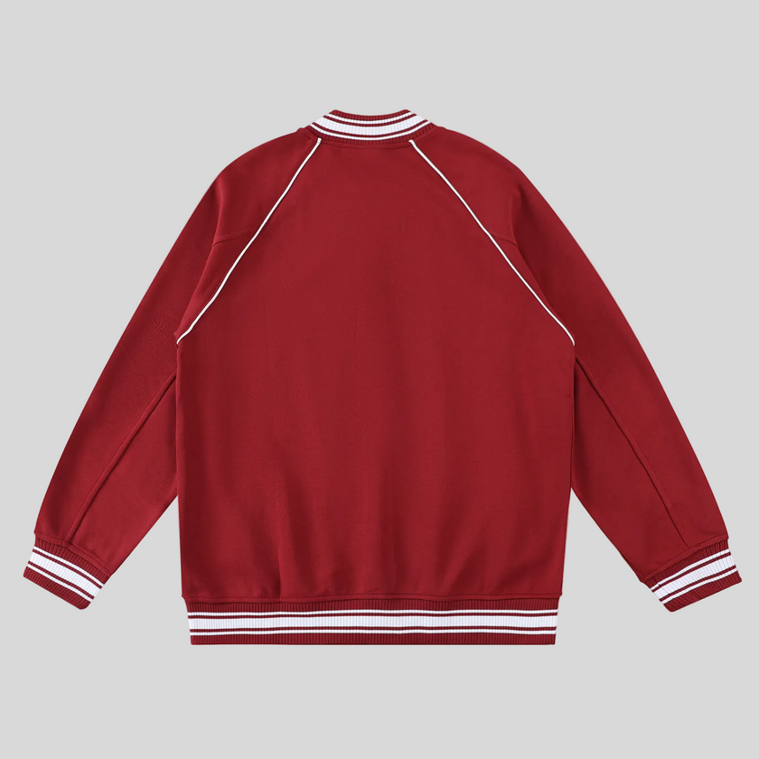 TrackLine Varsity Jacket in Red back view with raglan sleeve construction